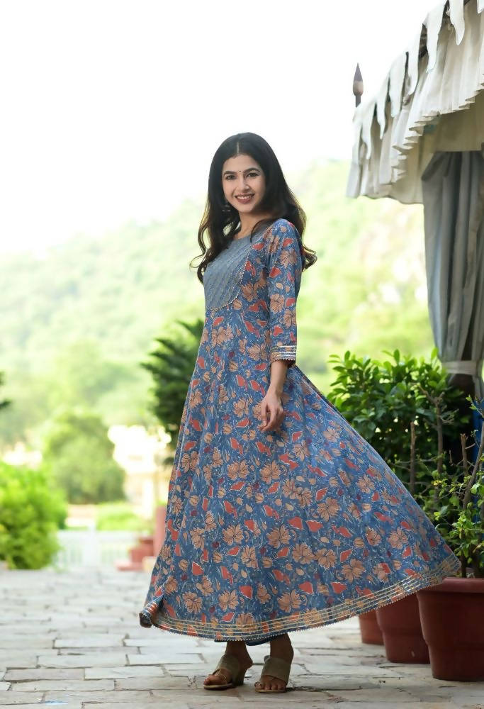 Yufta Women Blue Floral Yoke Design Regular Aari Work Pure Cotton Kurta with Trouser & With Dupatta | Grocsy