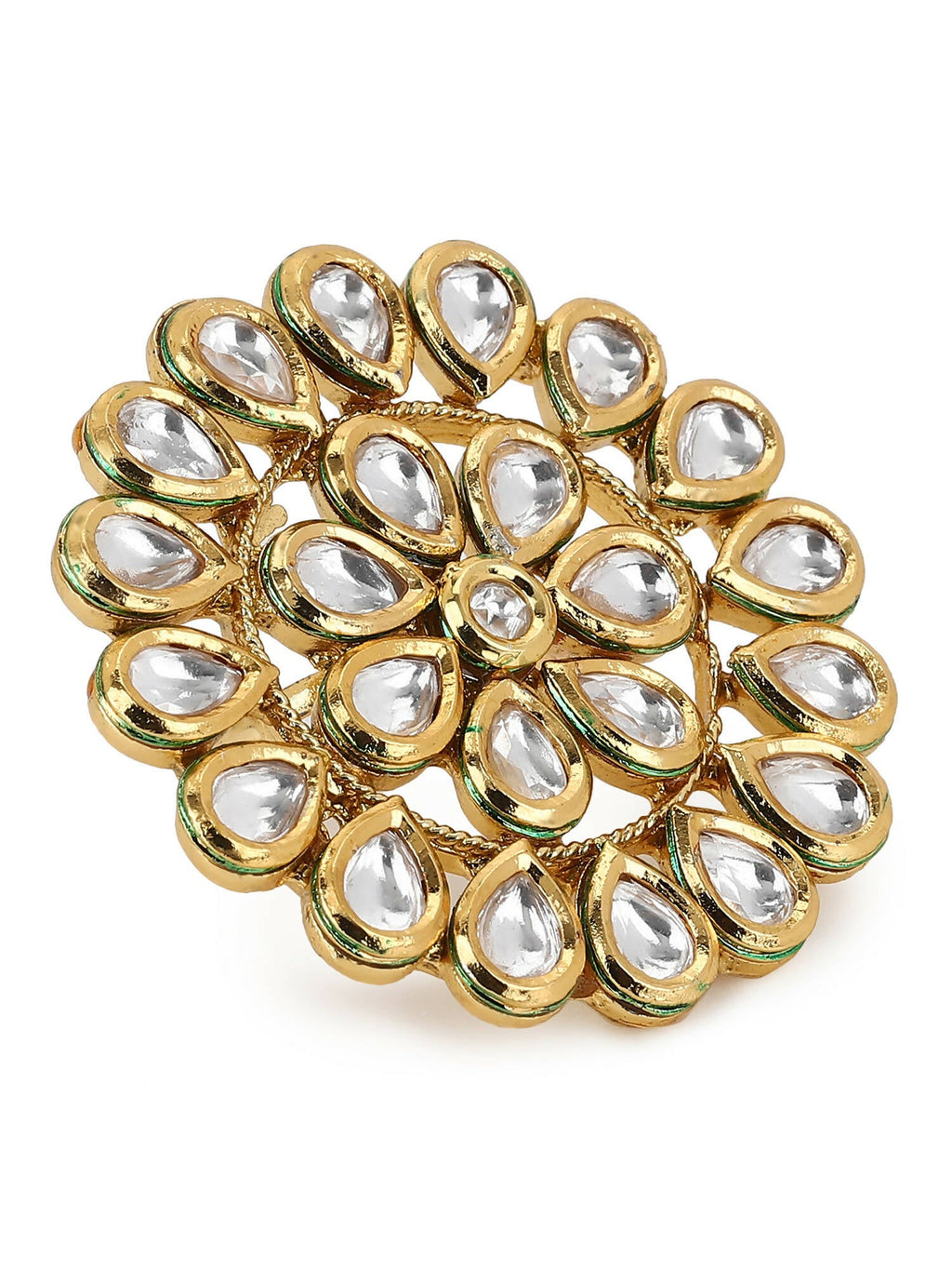 Gold-Polished White Kundan-Studded Adjustable Finger Ring - Ruby Raang | Grocsy