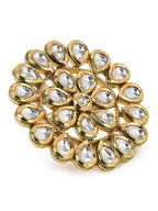 Gold-Polished White Kundan-Studded Adjustable Finger Ring - Ruby Raang | Grocsy