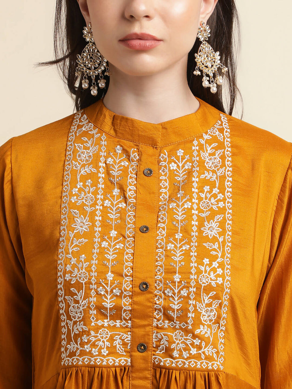 Mustard Chinon Floral Embroidered Top with Bottom - Maanushi | Grocsy