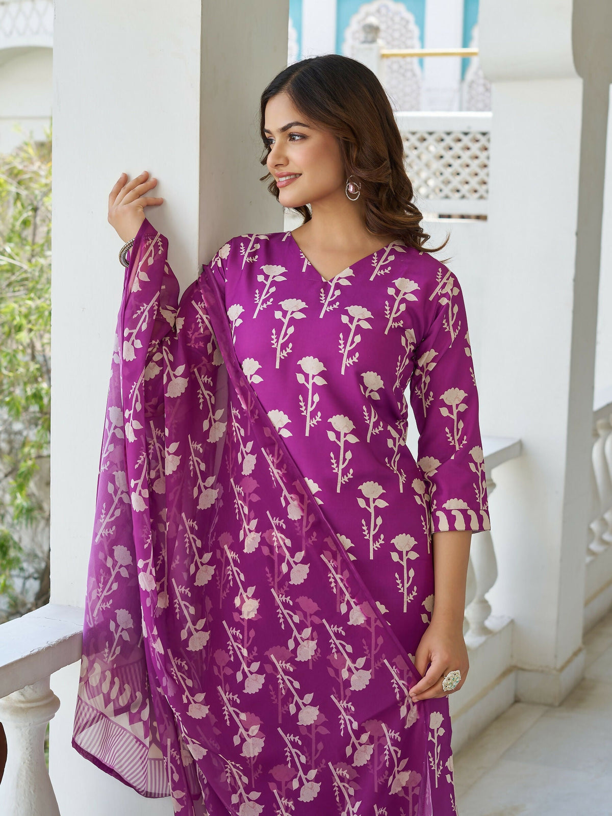 The52 Wine Women's Beautiful Cotton Blend Fabric Printed Work Straight Kurta, Pant and Dupatta Set | Grocsy