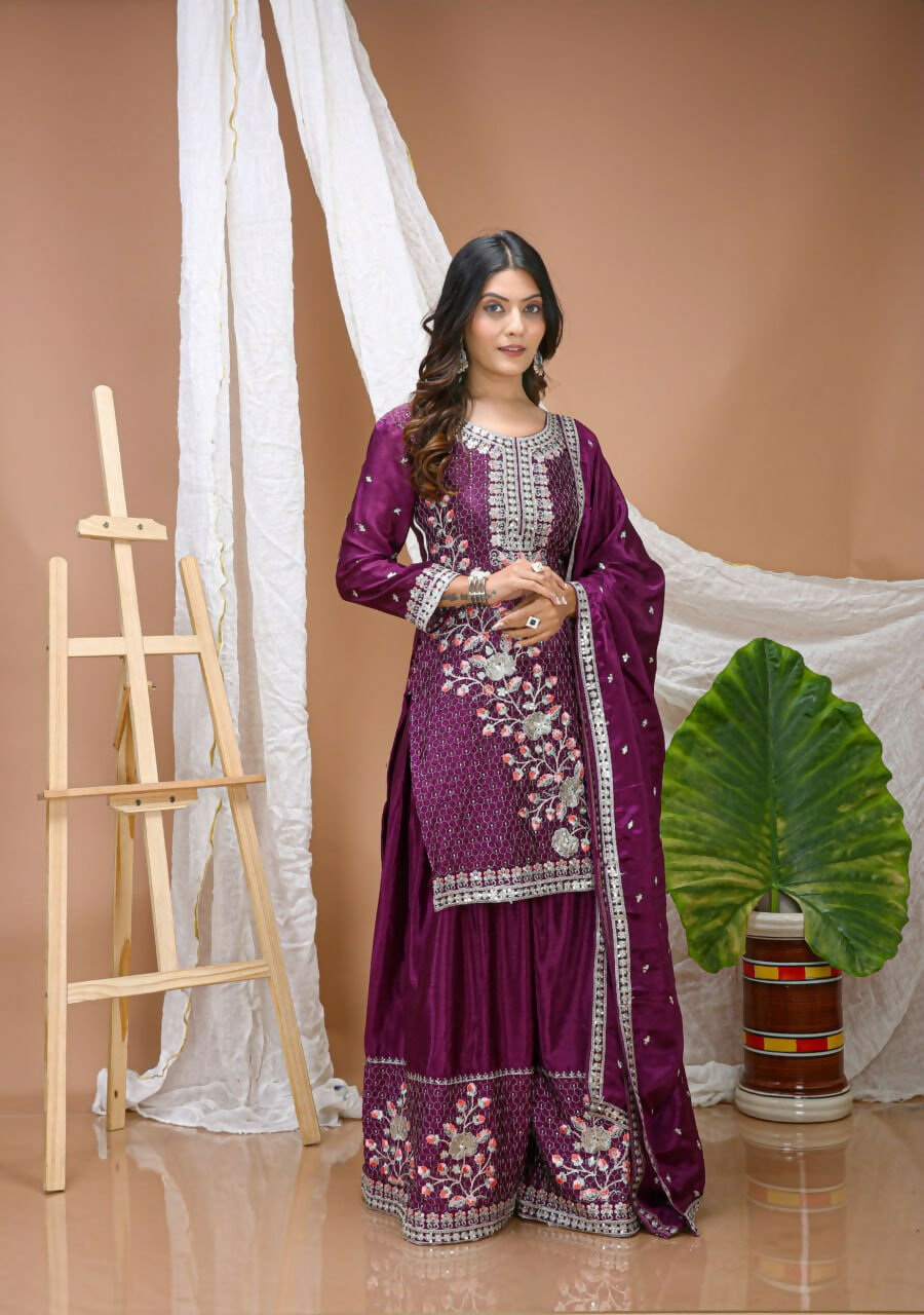 Teeya Creation Wine Color Chinon Silk Wedding Wear Trending Palazzo Set | Grocsy