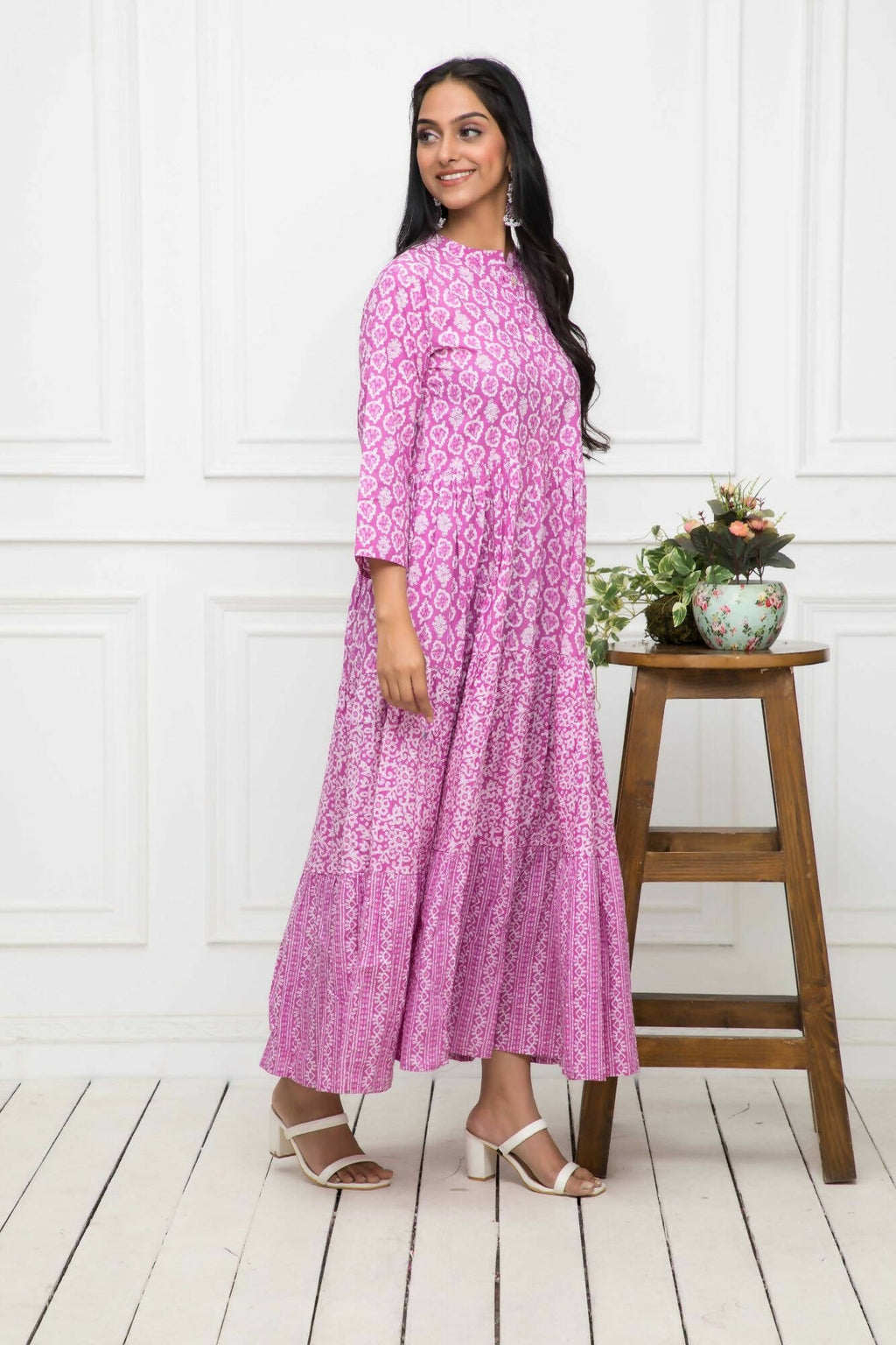 Myshka Women Pink Floral Cotton A-Line Mandarin Collar Long Dress | Grocsy