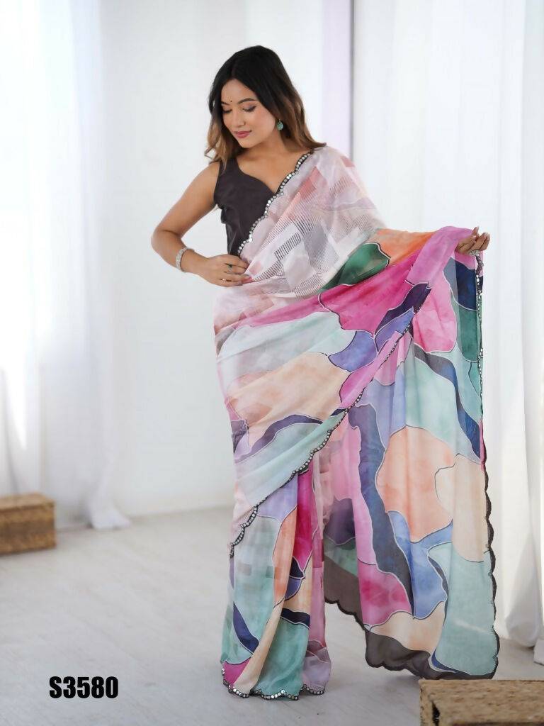 Multi Chinon Designer Digital Printed,Mirror Cut Work Saree - Sohni | Grocsy
