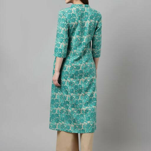FIORRA Women's Floral Printed Teal Green Pure Cotton Straight Kurta | Grocsy