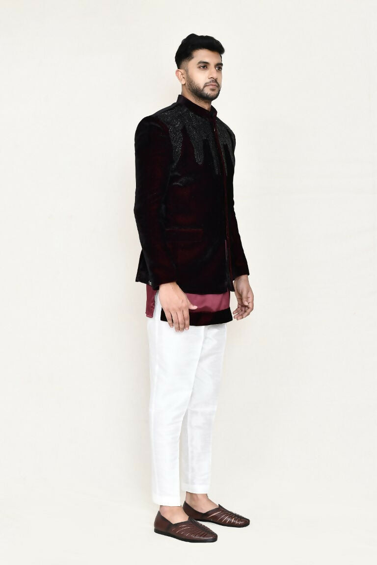 Joban Fashion Maroon Colored Satin Silk Fabric Open Prince Coat, Kurta With Straight Fit Pant | Grocsy