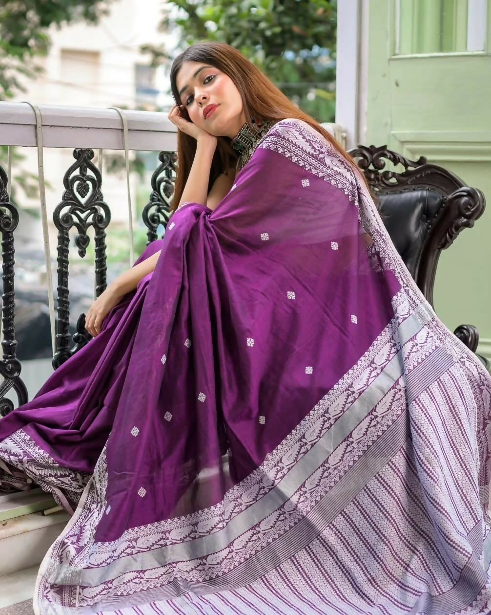 Exclusive Collection Purple Most Trending Beautiful Pure Cotton Handloom Saree | Grocsy