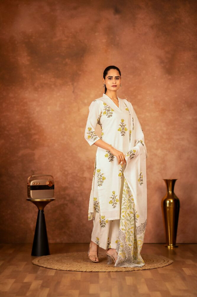 Joban Fashion Off White Yellow Hand Block Printed Cotton Suit Set | Grocsy