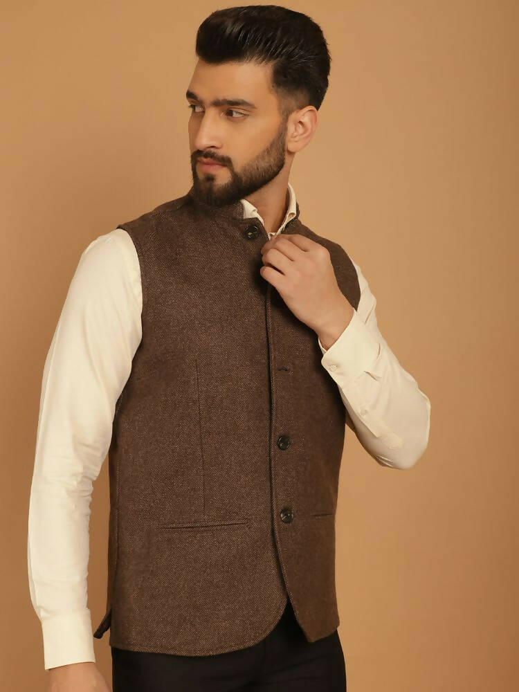 Even Apparels Pure Wool Nehru Jacket - Brown | Grocsy