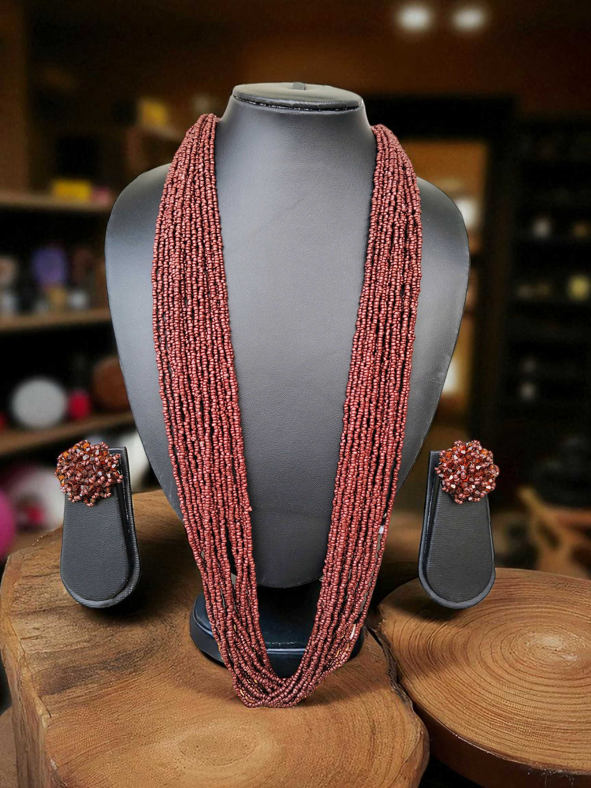 Inhanns Rangsaaz 20-Layer Luxe Long Beaded Necklace (With Optional Statement Earrings) - Coffee Brown With Earring | Grocsy