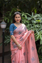 Brick Pure Linen Ethnic Motifs Saree with Unstitched Blouse - A2M | Grocsy