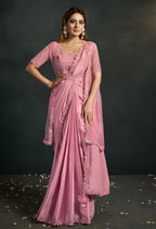 Pink Silk Crepe Georgette Cord Sequence & Thread Embroidered & Stone Work Saree - Moh-Manthan Royal Enigma | Grocsy