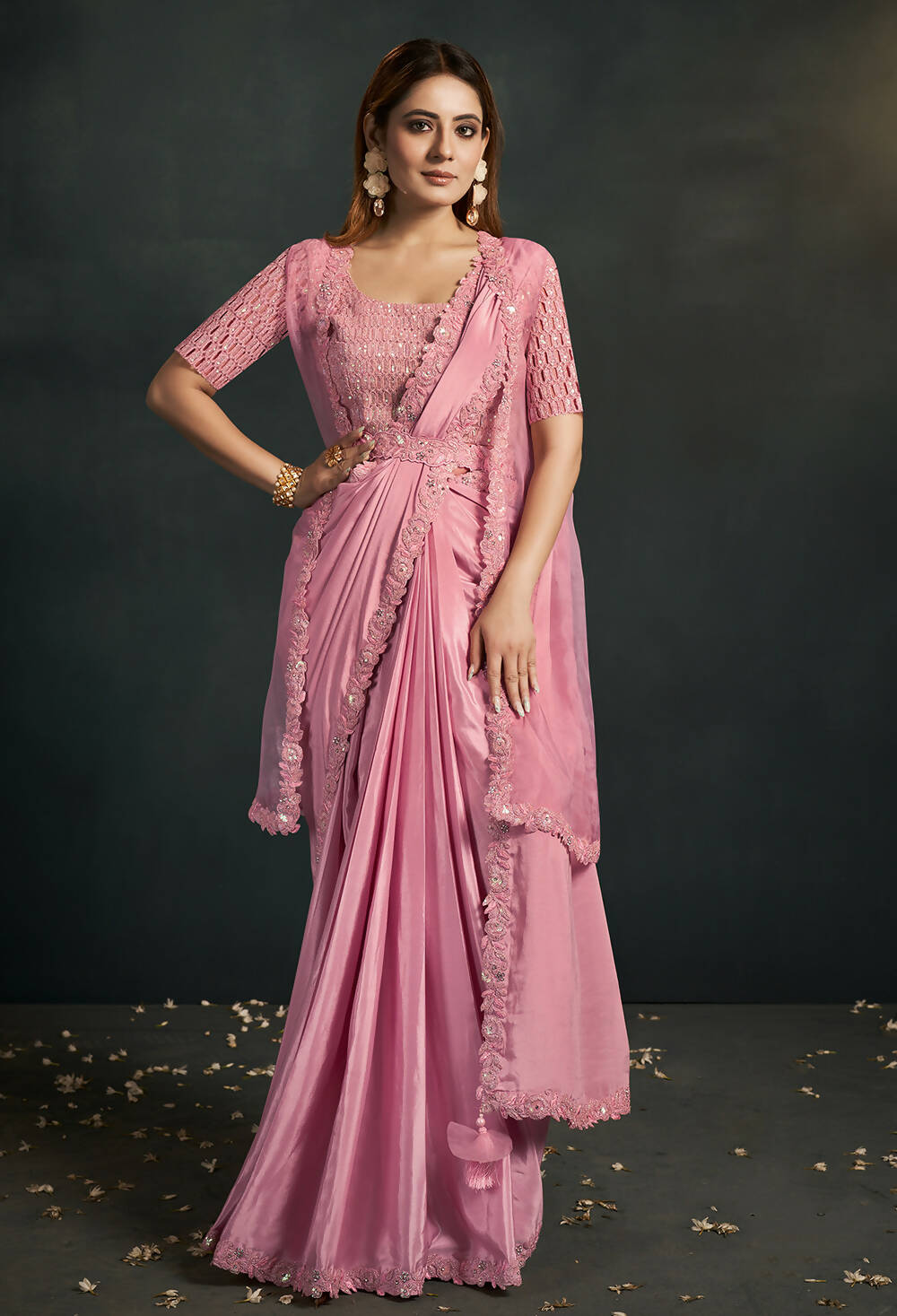 Pink Silk Crepe Georgette Cord Sequence & Thread Embroidered & Stone Work Saree - Moh-Manthan Royal Enigma | Grocsy