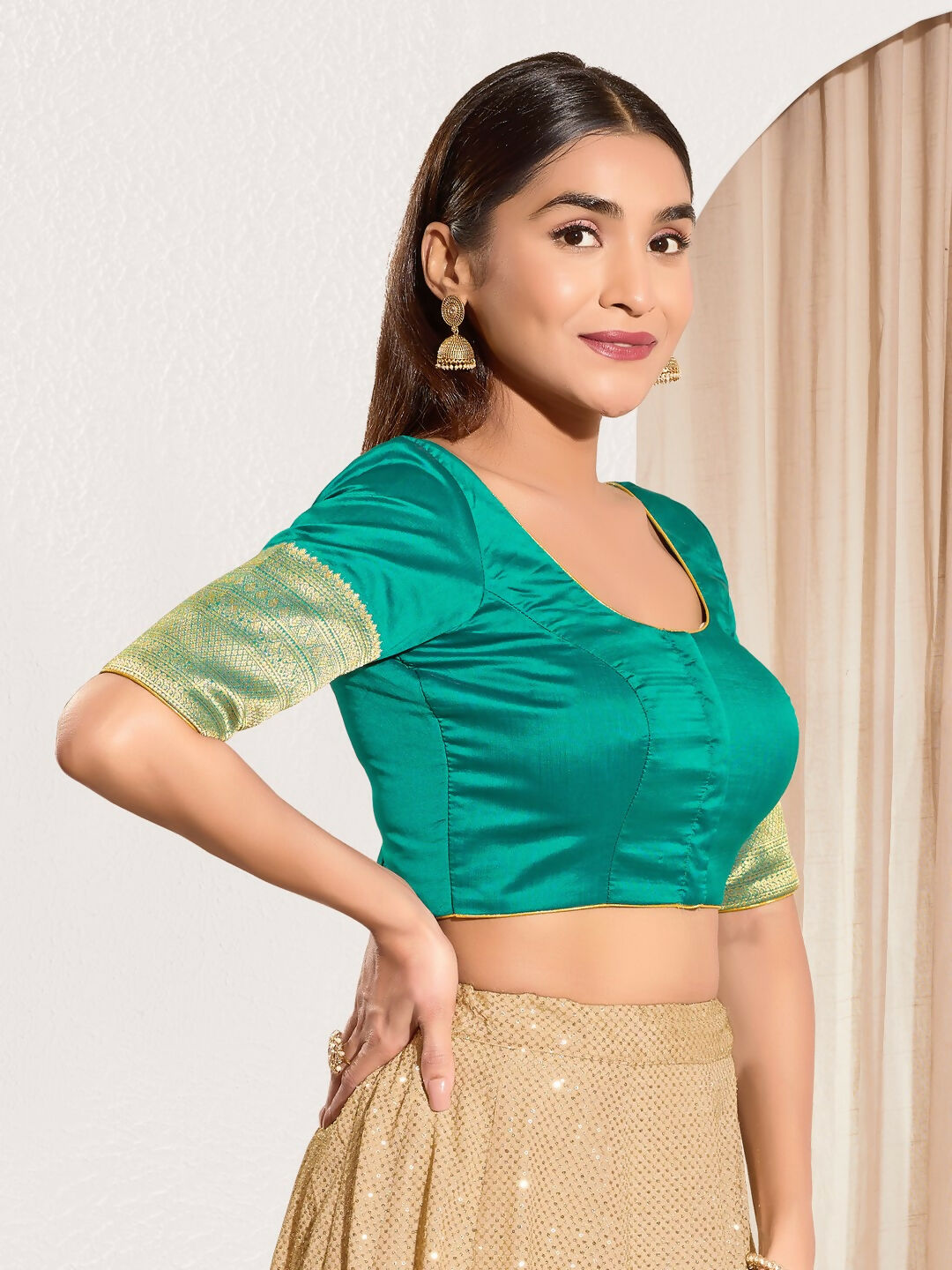 Joban Fashion Rama Green Taffeta Silk Padded Blouse With Round Neck Elbow Sleeves | Grocsy