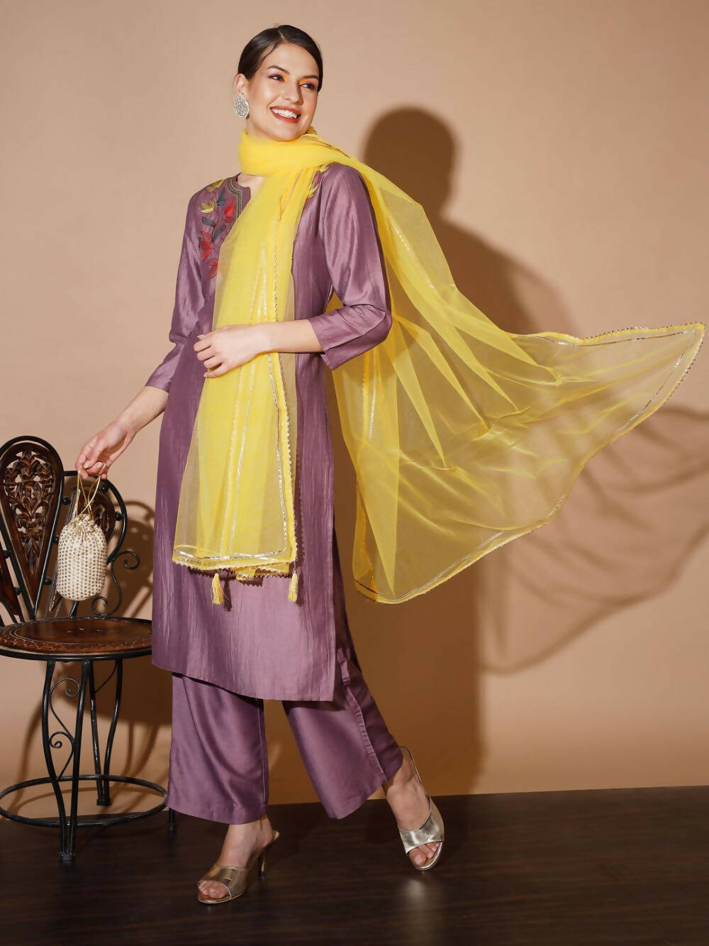 Myshka Mauve Solid Kurta & Palazzos With Dupatta | Grocsy