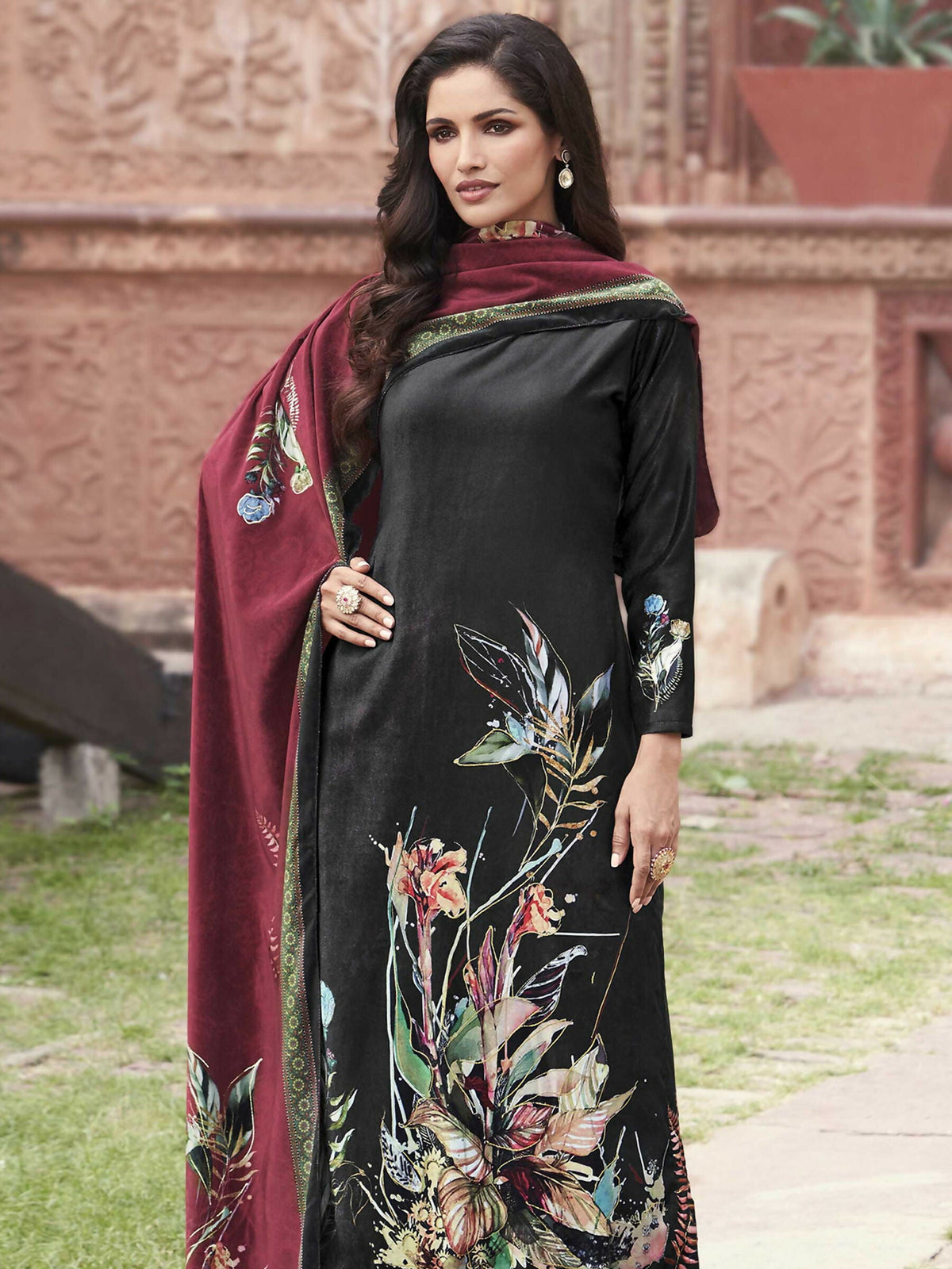 Jyoti Fashion Women's Black Velvet Floral Digital Printed Kurta with Trouser & Dupatta | Grocsy
