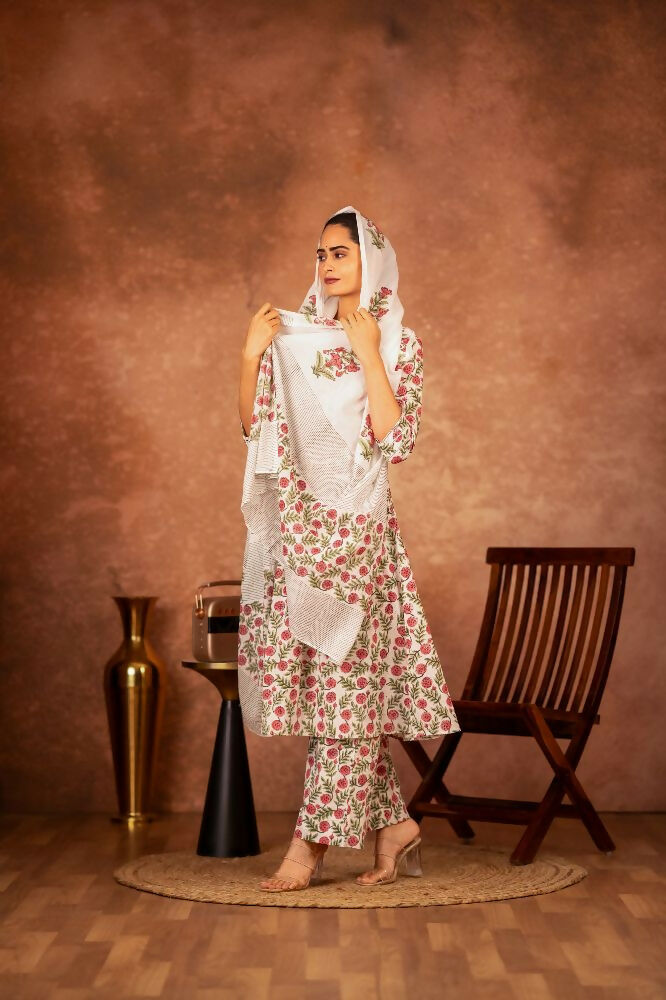 Joban Fashion Red Green Hand Block Printed Cotton Suit Set | Grocsy