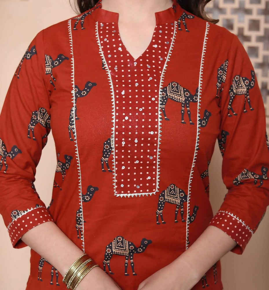 Miravan Womens Pure Cotton Animal Printed Straight Kurta With Palazzo & Dupatta Set | Grocsy
