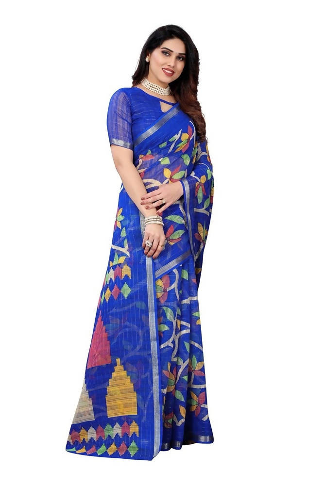 Vamika Blue Linen Zari Border Saree | Grocsy