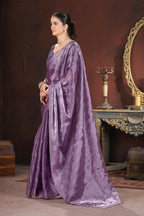 Vastranavya Lavender Jimmy Choo Silk 3mm Sequence work with Cross Stitch Embroidery work & Cutwork Border Saree | Grocsy