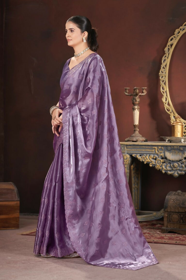 Vastranavya Lavender Jimmy Choo Silk 3mm Sequence work with Cross Stitch Embroidery work & Cutwork Border Saree | Grocsy