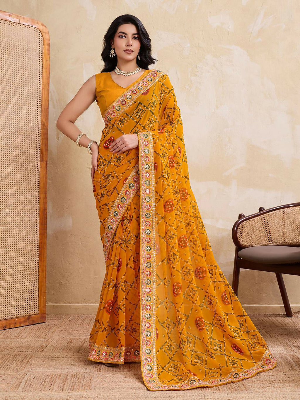 Teeya Creation Womens Stylish Simply Wedding Wear Georgette Saree-Yellow | Grocsy