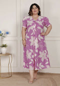 Miravan Womens Plus Size Pink Floral Print Puff Sleeve Pure Cotton Fit Flare Butterfly Maxi Dress | Grocsy