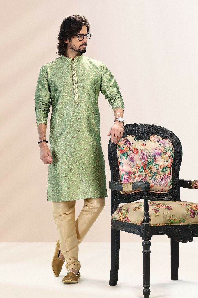 Raivat Ethnic Jacquard Banarasi Silk Pintux Work Kurta Pajama In Green Colour | Grocsy