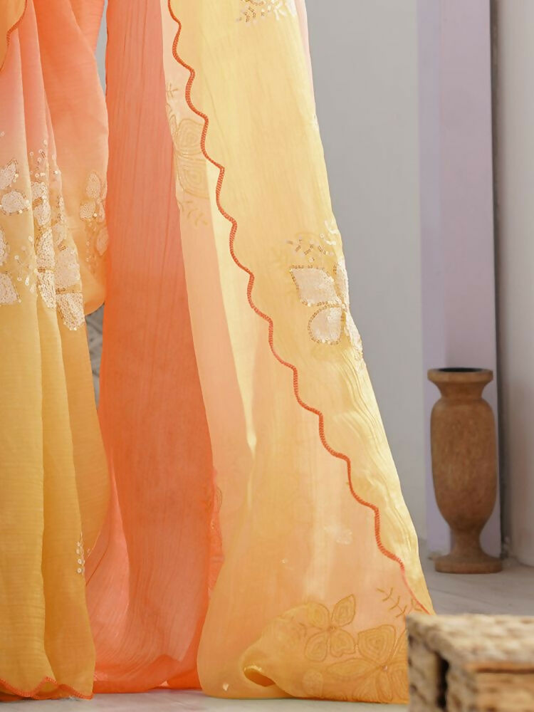 PR Fashion Orange Gold Crush Embroidery Work Saree | Grocsy