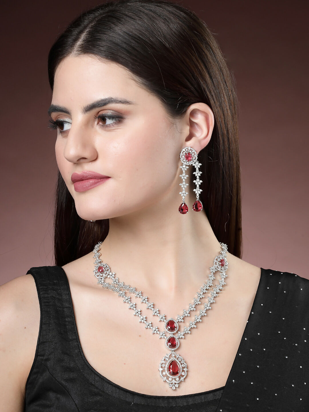 NVR Women's Silver-Plated Red CZ-Studded Handcrafted Jewellery Set | Grocsy