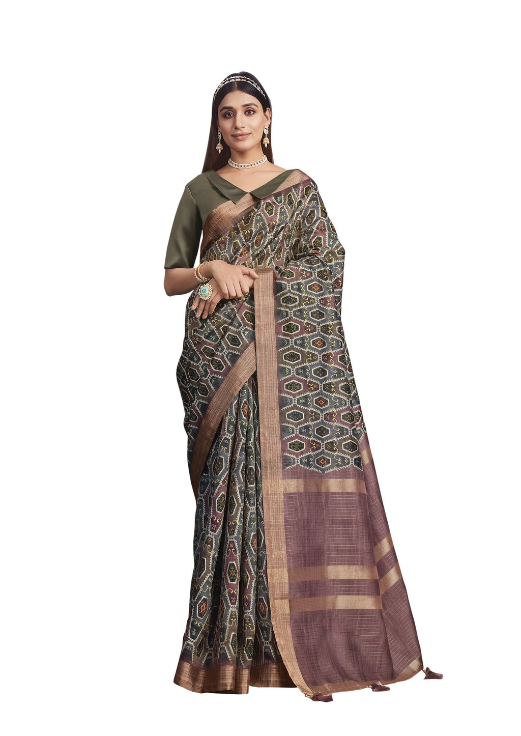 Brown Tusser Silk Geometric Printed Saree With Unstitched Blouse - Mohmanthan Aahana | Grocsy