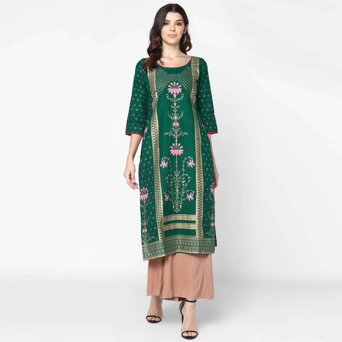 Cheera Hand Block Print Green Straight Kurta (MAAI-063K) | Grocsy