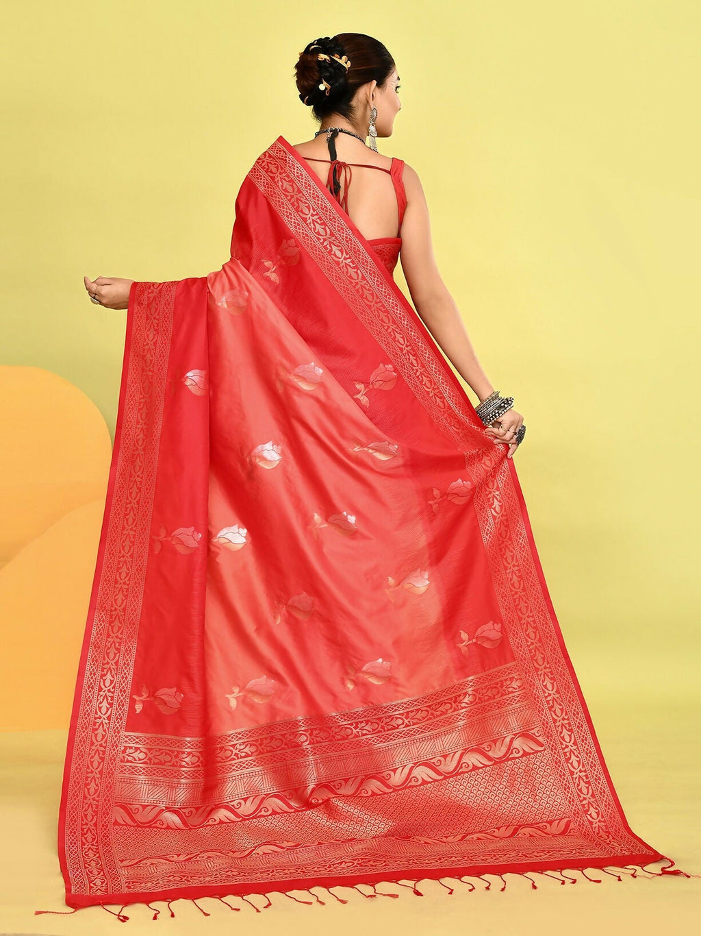 Joban Fashion Peach & Red Plain With Weaving Border Banarasi Silk Sarees | Grocsy