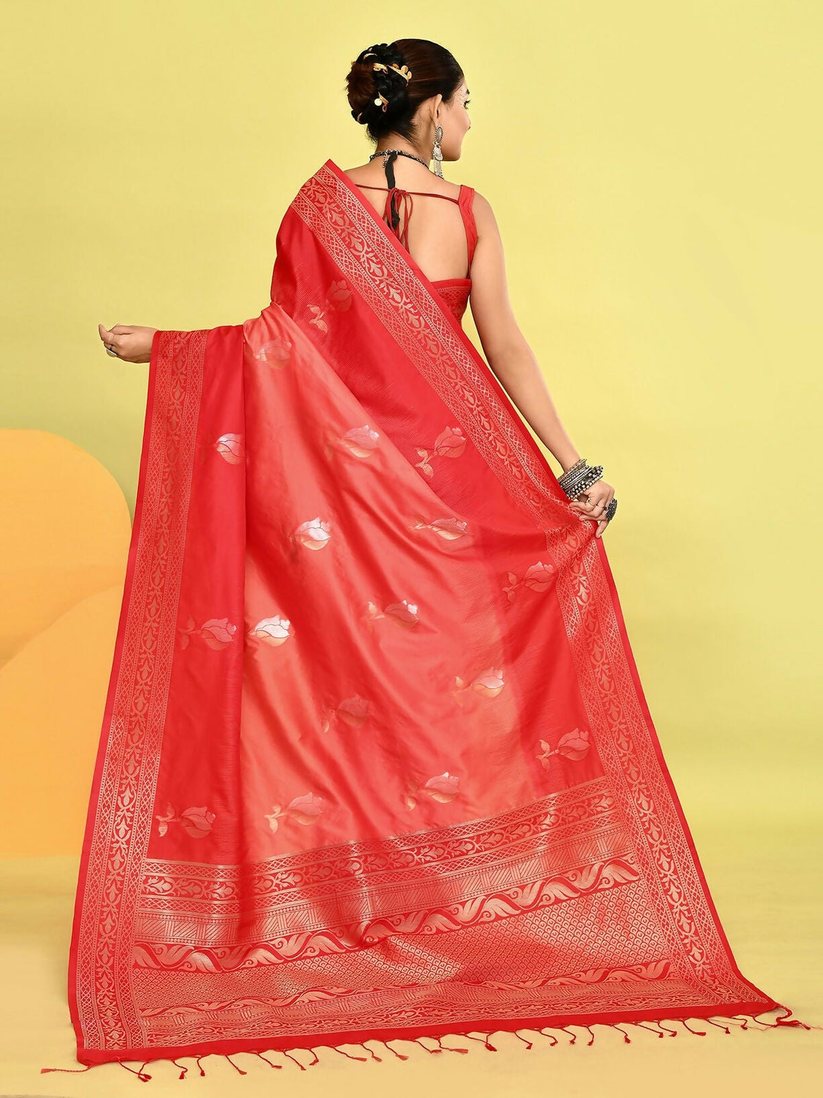 Joban Fashion Peach & Red Plain With Weaving Border Banarasi Silk Sarees | Grocsy