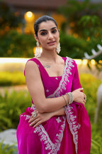 Vastranavya Pink Embroidery Work Shimmer Chiffon Saree with Unstitched Blouse | Grocsy