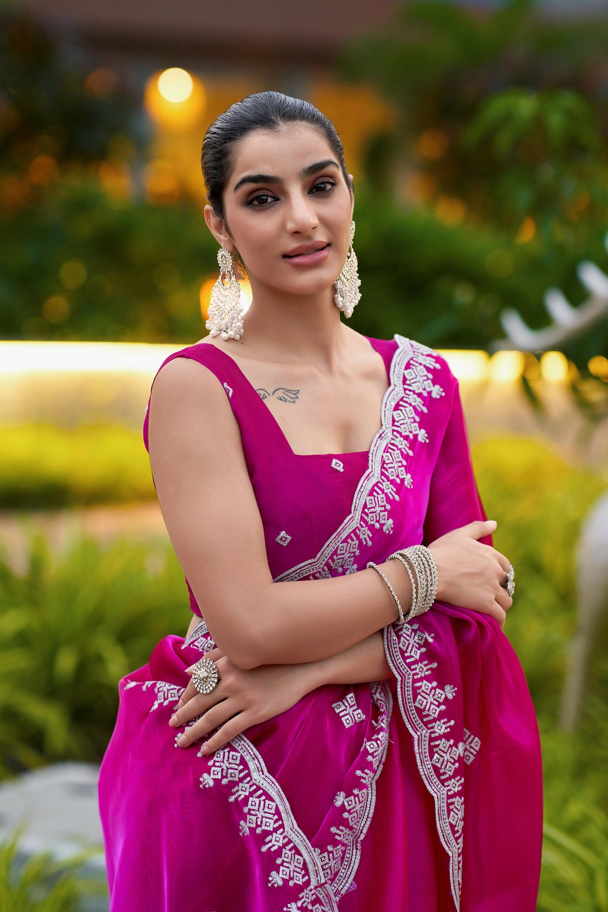 Vastranavya Pink Embroidery Work Shimmer Chiffon Saree with Unstitched Blouse | Grocsy