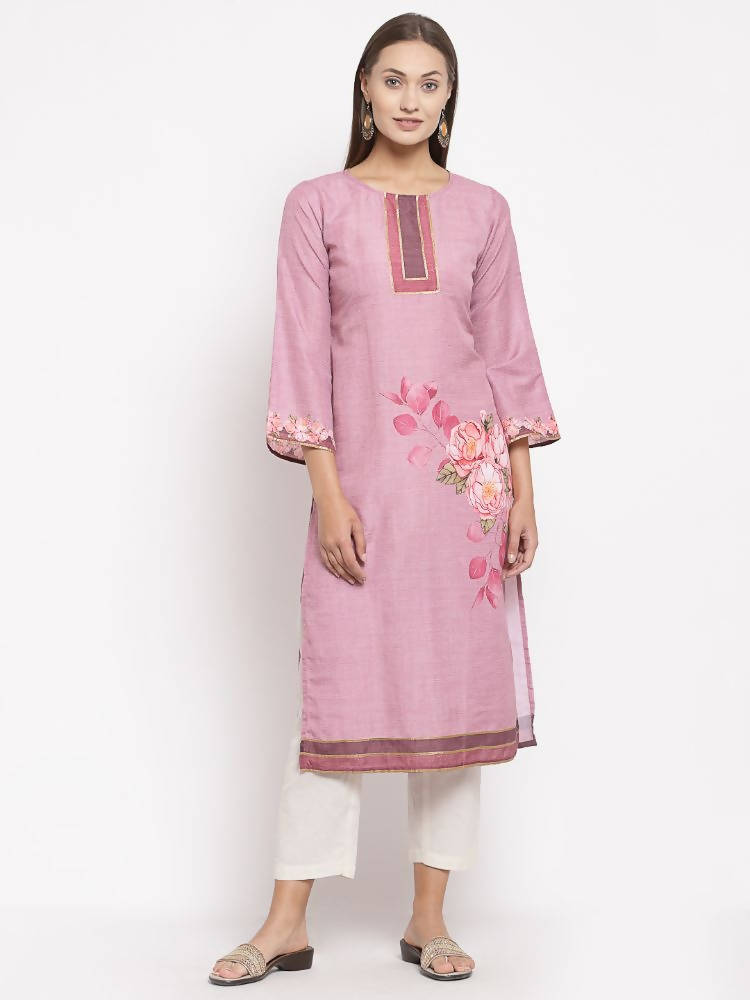 Myshka Women's Pink Cotton Printed Full Sleeve Round Neck Casual Kurta | Grocsy