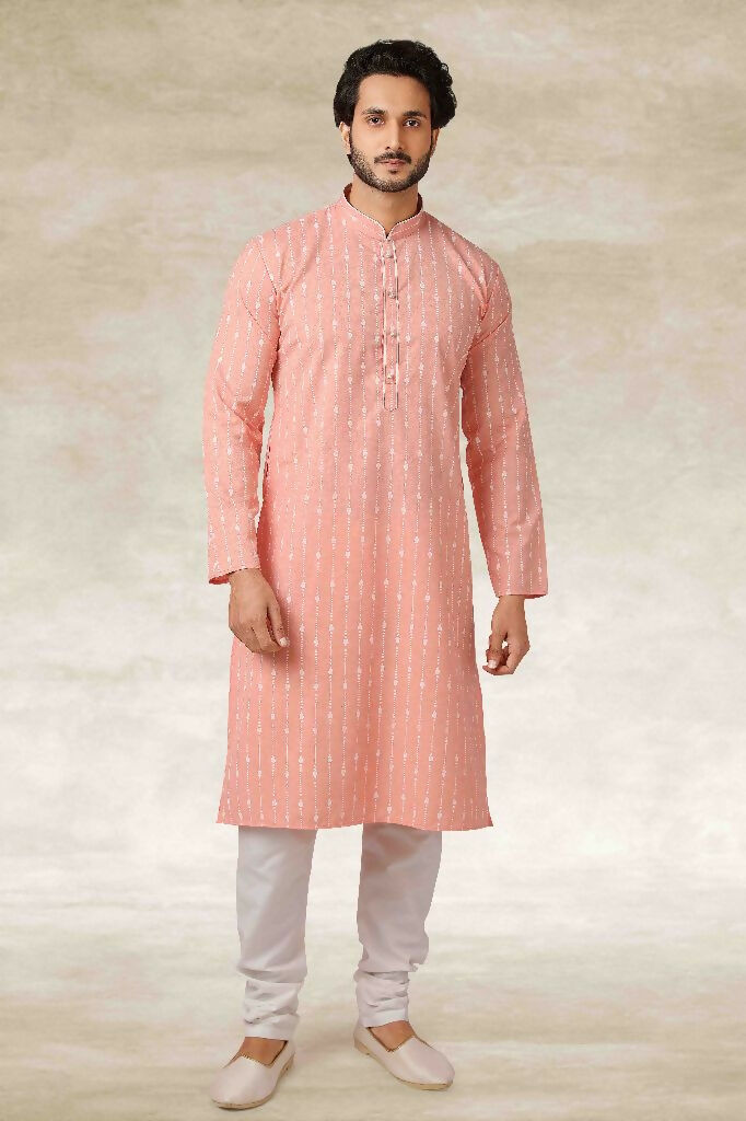 Raivat Ethnic Cotton Printed Work Kurta Pajama In Pink Colour | Grocsy