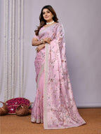Pink Satin Silk Embroidered Saree With Stitched Blouse - Nimaya Kaksha | Grocsy