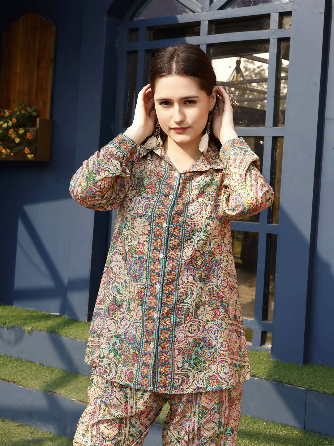 Orange & Green Rayon Paisley & Floral Printed Top with Matching Bottom - Eesha | Grocsy