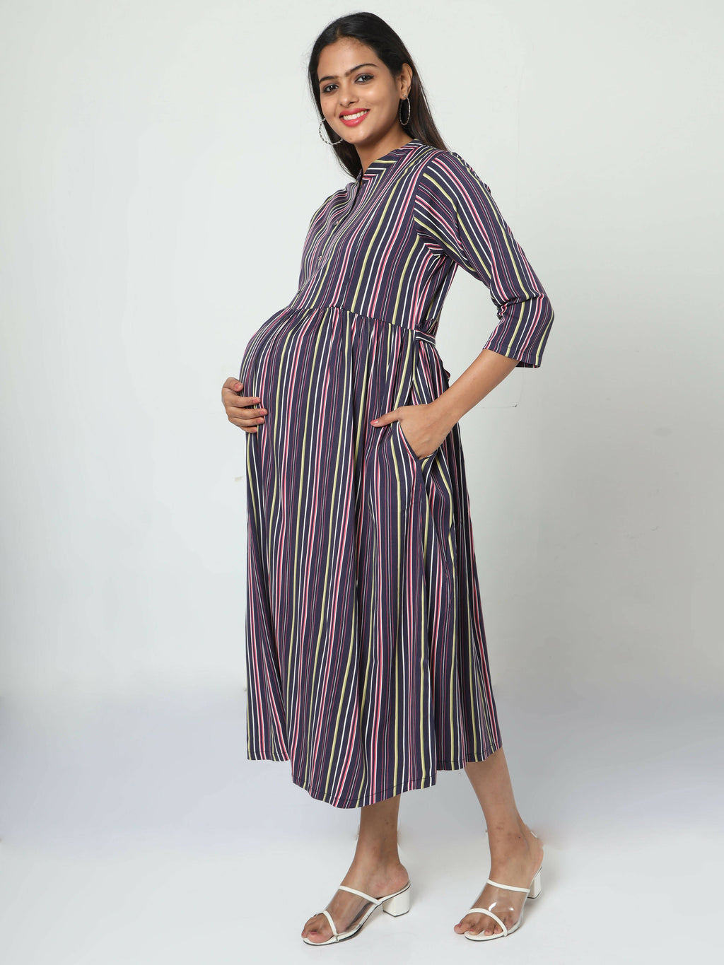 Manet Three Fourth Maternity Dress With Concealed Zipper Nursing Access - Navy Blue | Grocsy