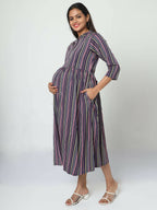 Manet Three Fourth Maternity Dress With Concealed Zipper Nursing Access - Navy Blue | Grocsy