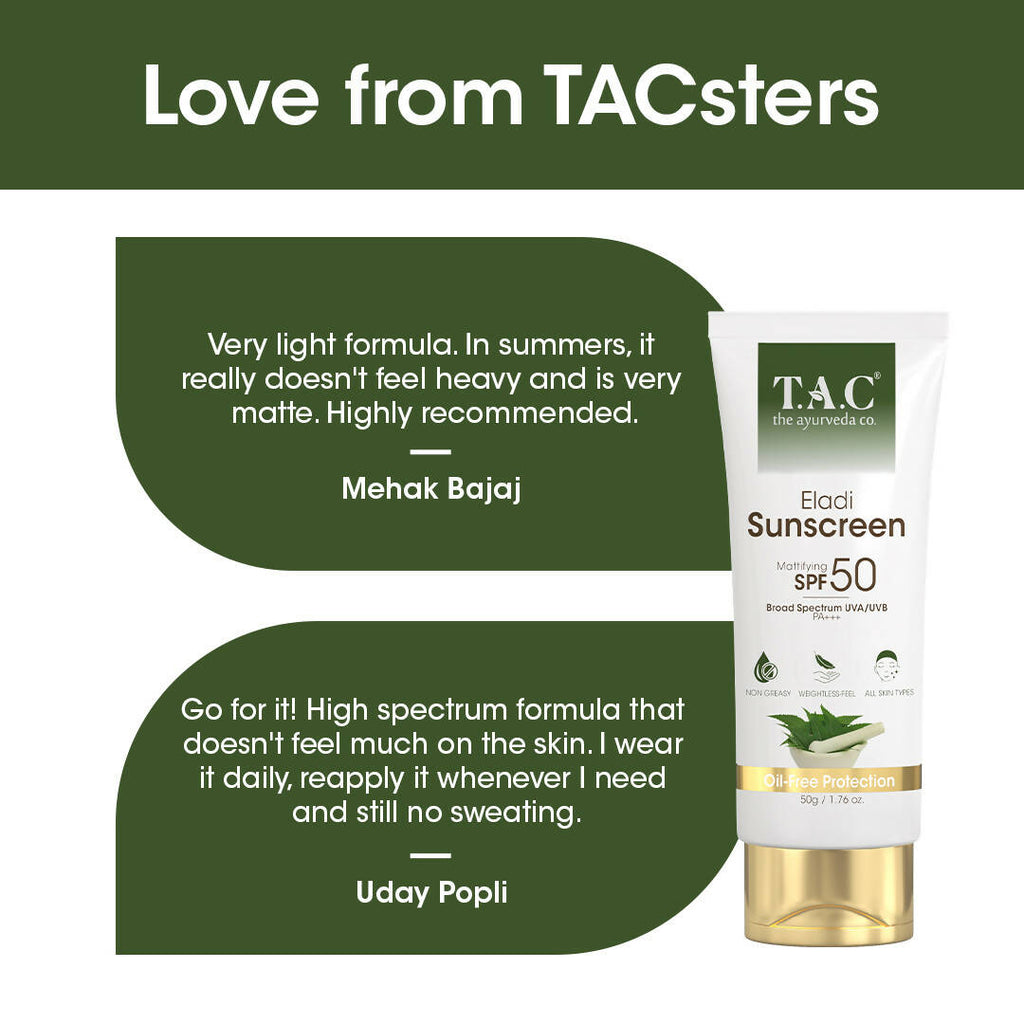 TAC - The Ayurveda Co. Eladi Sunscreen, Matifying SPF 50 & PA+++, for Women & Men | Grocsy