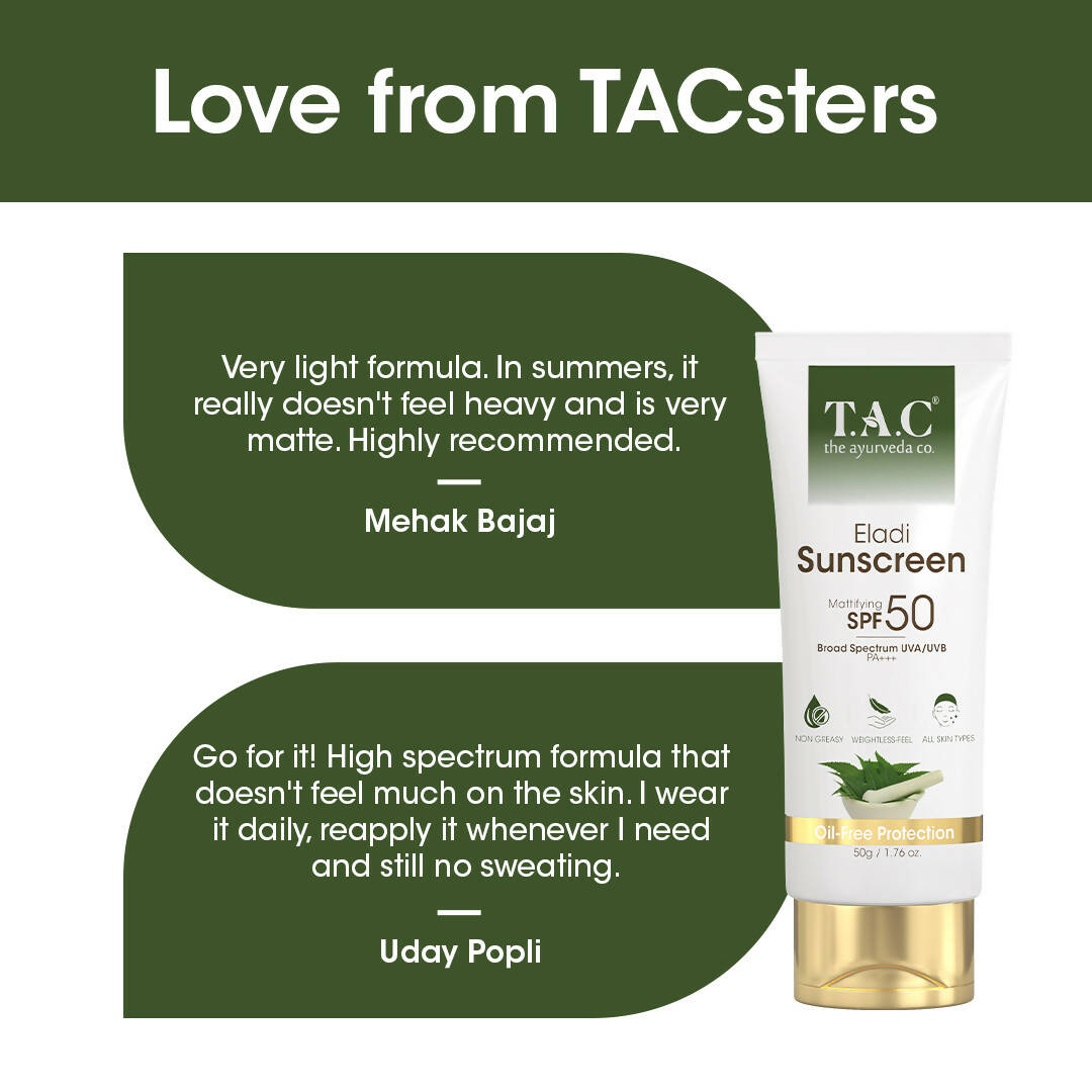 TAC - The Ayurveda Co. Eladi Sunscreen, Matifying SPF 50 & PA+++, for Women & Men | Grocsy