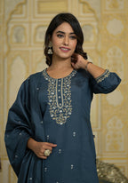 Juniper Women's Grey Thread & Zari Embroidered Viscose Kurta Pant And Dupatta Set | Grocsy