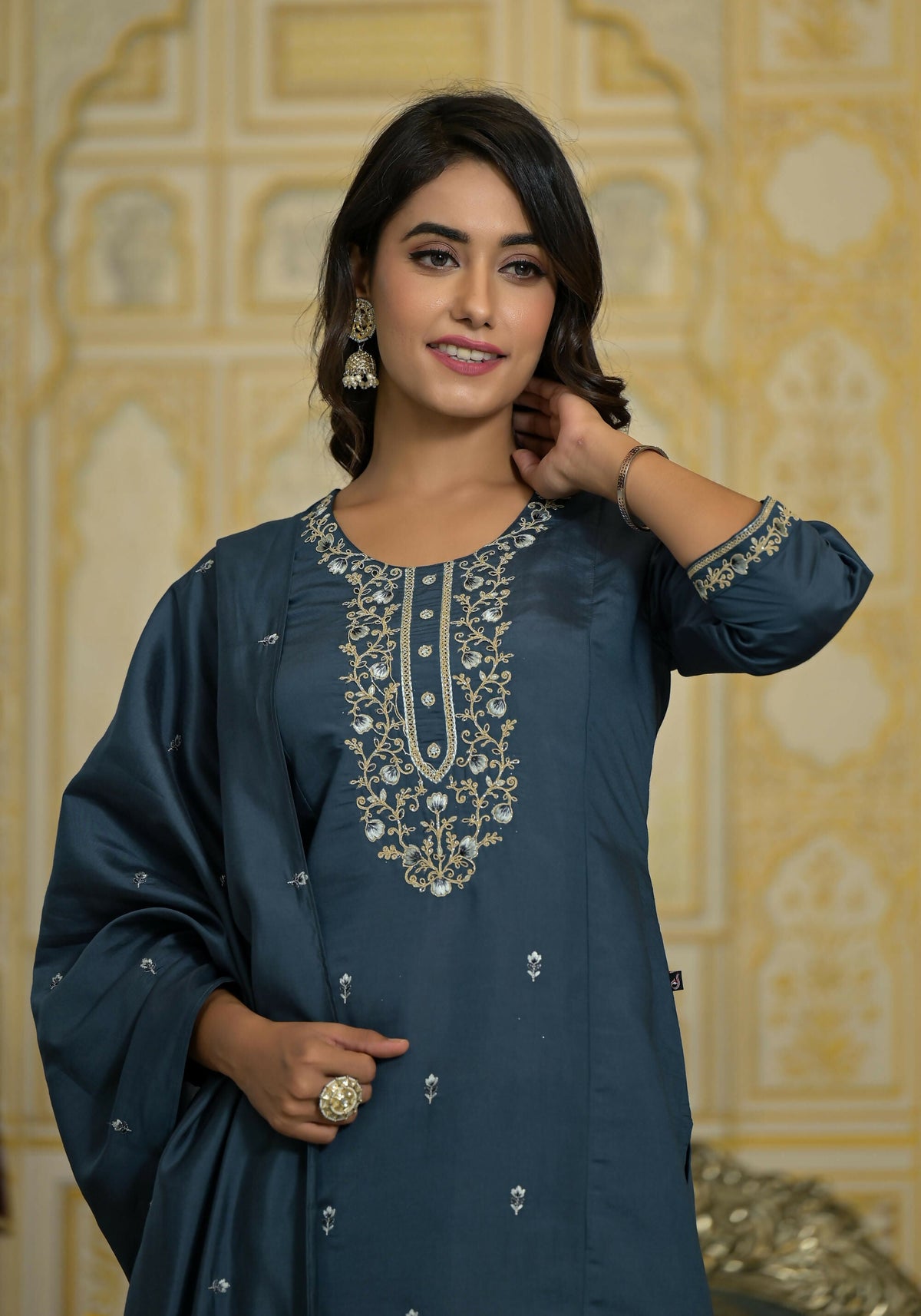 Juniper Women's Grey Thread & Zari Embroidered Viscose Kurta Pant And Dupatta Set | Grocsy