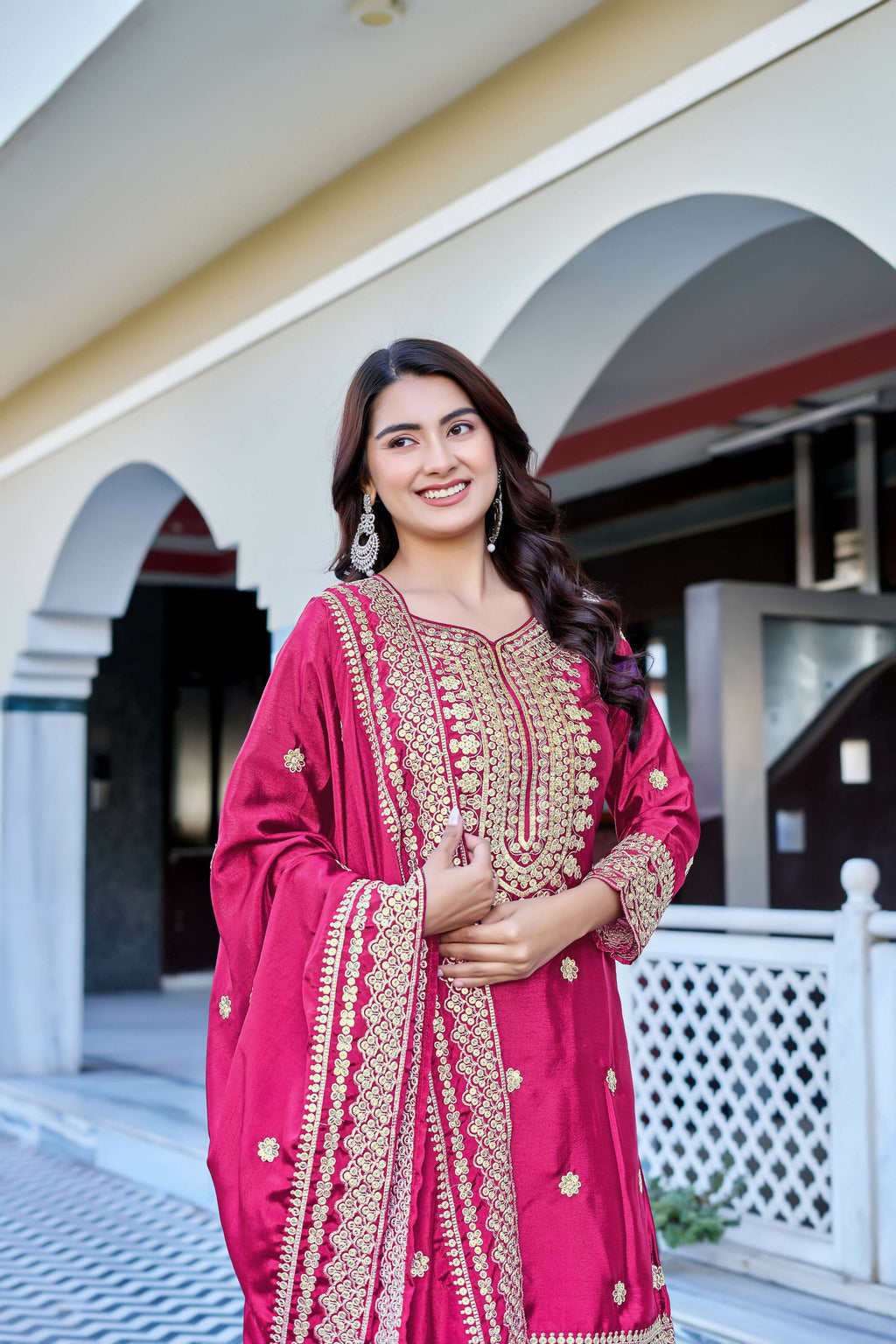 Teeya Creation Pink Color Chinon Silk Heavy Embroidery Work Wedding Wear Sharara | Grocsy