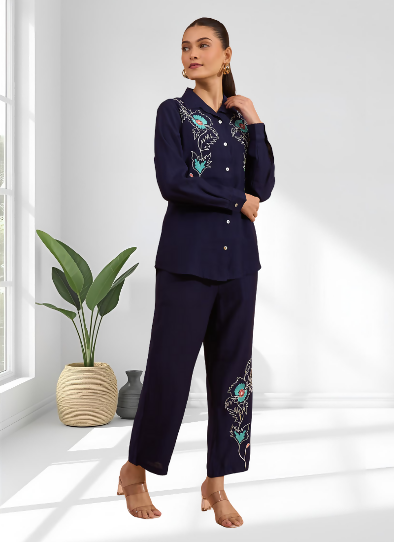 Joban Fashion Navy Blue Silk Embroidered Readymade Cord Set | Grocsy