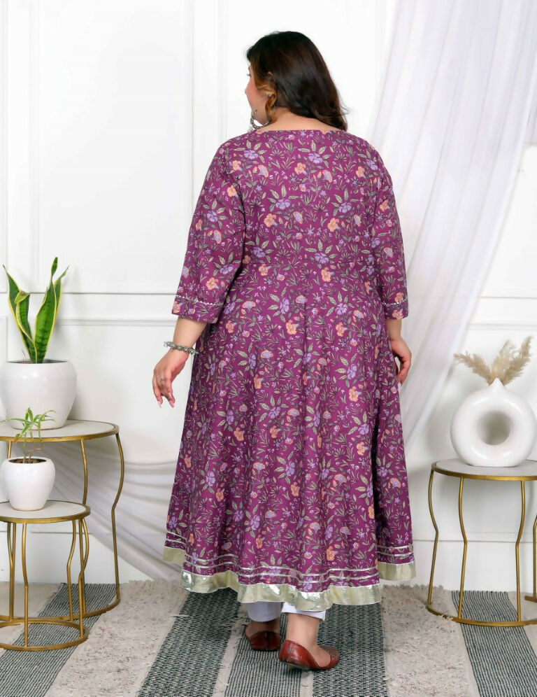 Miravan Women's Plus Size Cotton Gota Patti And Lace Border Details Floral Printed Purple Anarkali Kurta | Grocsy