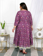 Miravan Women's Plus Size Cotton Gota Patti And Lace Border Details Floral Printed Purple Anarkali Kurta | Grocsy